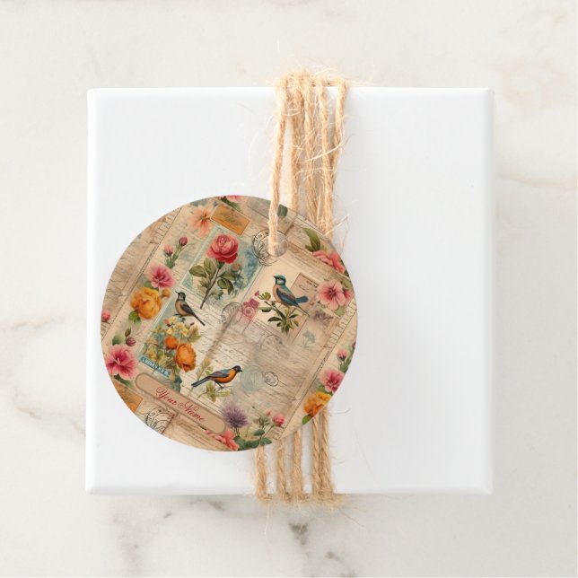Junk Journal Seite mit Blumen + Vögel -  Geschenkanhänger (Beispiel)