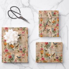 Junk Journal Seite mit Blumen + Vögel - Geschenkpapier Set
