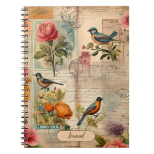 Junk Journal Seite mit Blumen + Vögel -  Notizblock