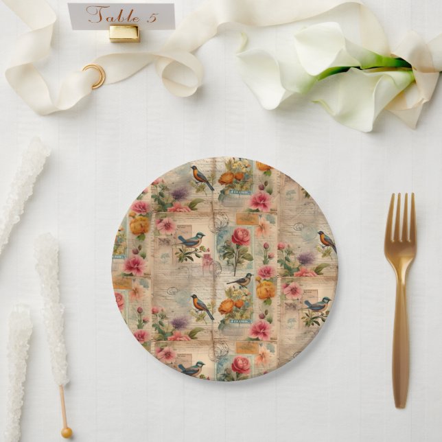 Junk Journal Seite mit Blumen + Vögel -  Pappteller (Hochzeit)
