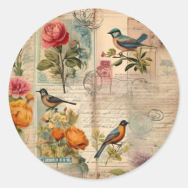Junk Journal Seite mit Blumen + Vögel - Runder Aufkleber