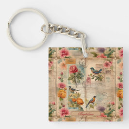 Junk Journal Seite mit Blumen + Vögel - Schlüsselanhänger