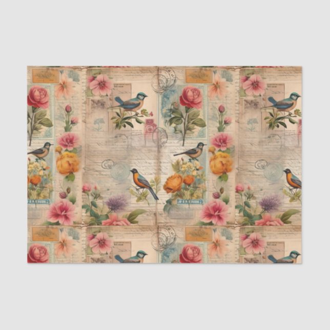 Junk Journal Seite mit Blumen + Vögel -  Seidenpapier (Vorderseite)