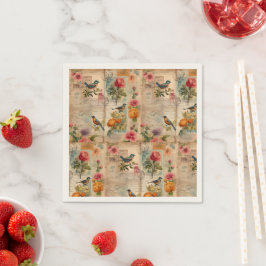 Junk Journal Seite mit Blumen + Vögel - Serviette