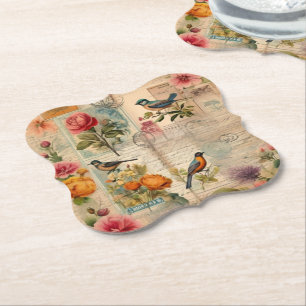 Junk Journal Seite mit Blumen + Vögel - Untersetzer