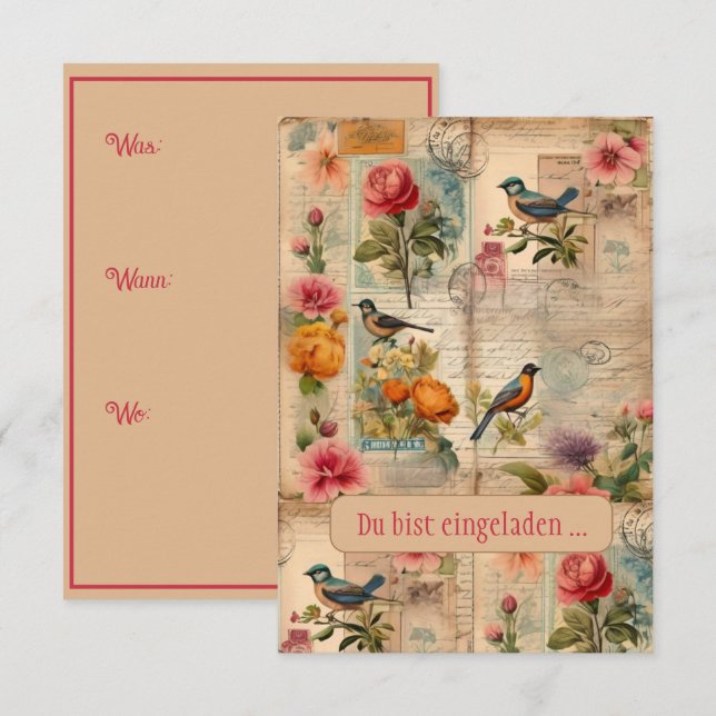 Junk Journal Seite mit Blumen + Vögeln -  Einladung (Vorne/Hinten)