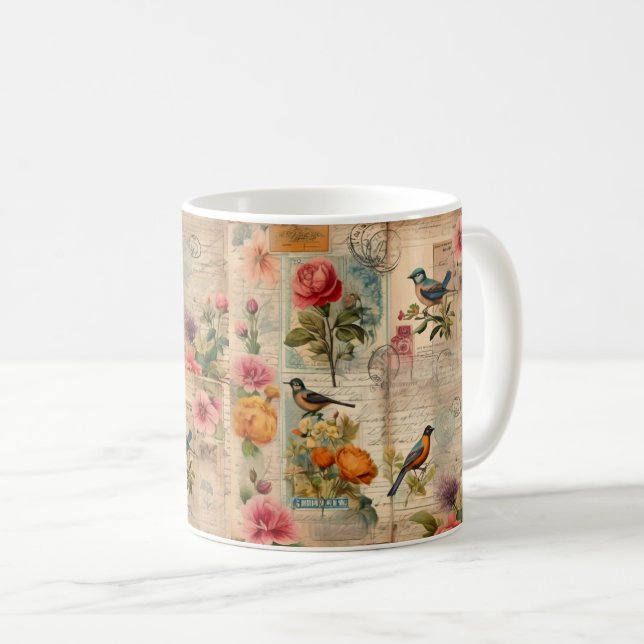 Junk Journal Seite mit Blumen + Vögeln -  Kaffeetasse (VorderseiteRechts)