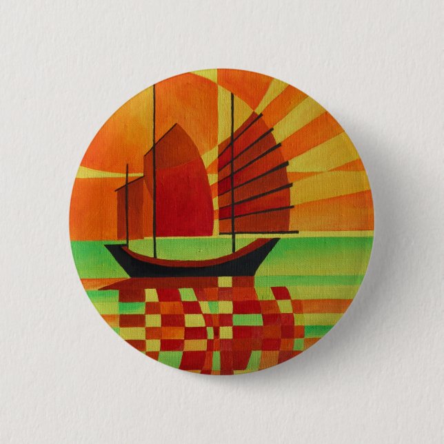 Junk on Sea of Green Cubist Abstrakt Button (Vorderseite)