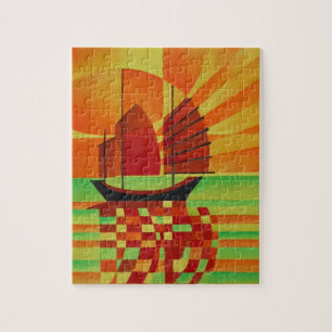 Junk on Sea of Green Cubist Abstrakt Puzzle