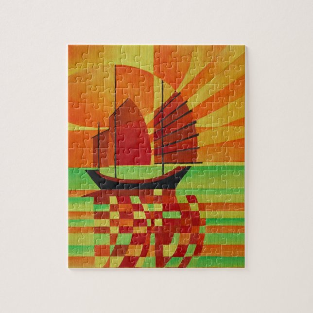 Junk on Sea of Green Cubist Abstrakt Puzzle (Vertikal)