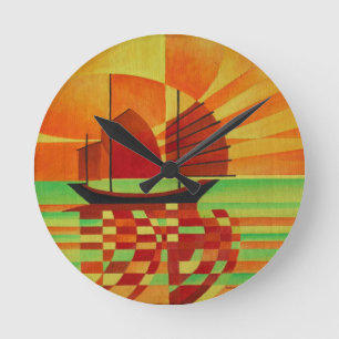 Junk on Sea of Green Cubist Abstrakt Runde Wanduhr