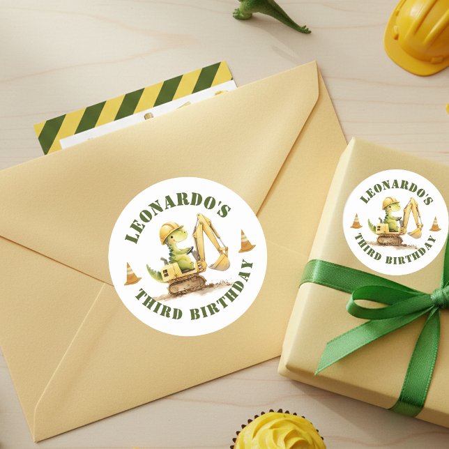 Jurassic Construction Zone Boy Birthday Runder Aufkleber (Von Creator hochgeladen)