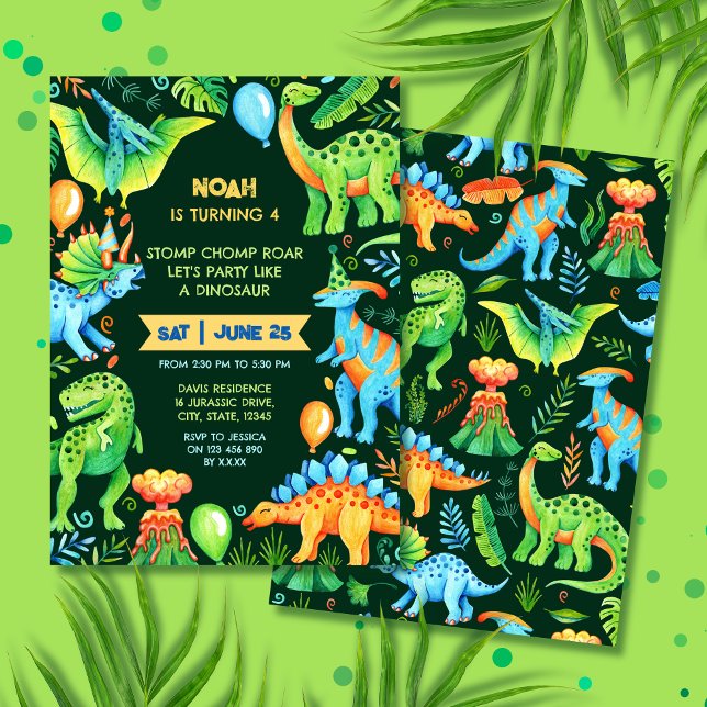 Jurassic Dinosaurier Stomp Chomp und Roar Boy Einladung (Prehistoric Watercolor Dinosaur Boys Birthday Invitation)