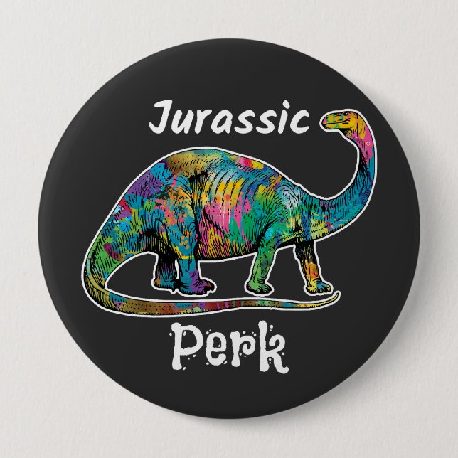 Jurassic Perk Farbiger Dinosaurier Schwarz Button (Vorderseite)