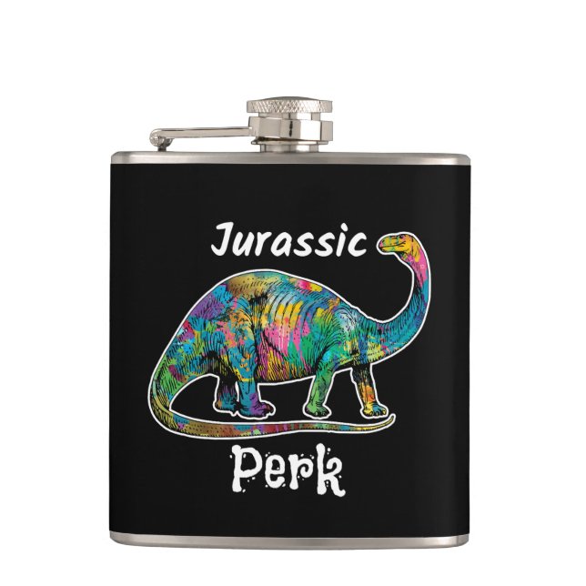 Jurassic Perk Farbiger Dinosaurier Schwarz Flachmann (Vorderseite)