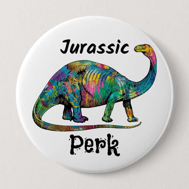 Jurassic Perk Farbiger Dinosaurier Weiß Button (Vorderseite)