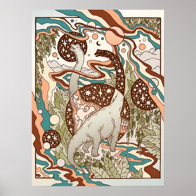 Jurassic Portal | Palette Retro-Regenbogen | Dinos Poster (Vorne)