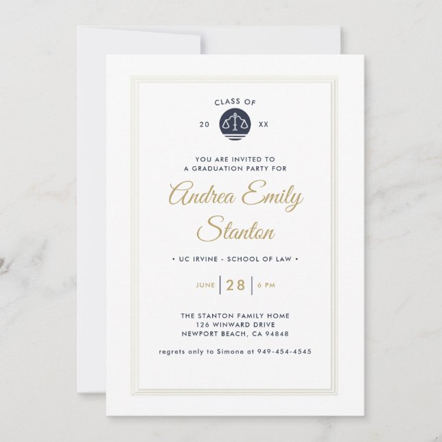 Jurastudium Abschluss Scales of Justice Navy Gold Einladung (Vorderseite)