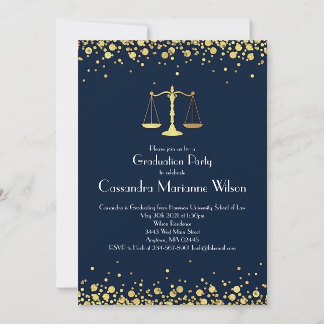 Juristenschule Graduation Party Gold Navy Blue Einladung (Vorderseite)