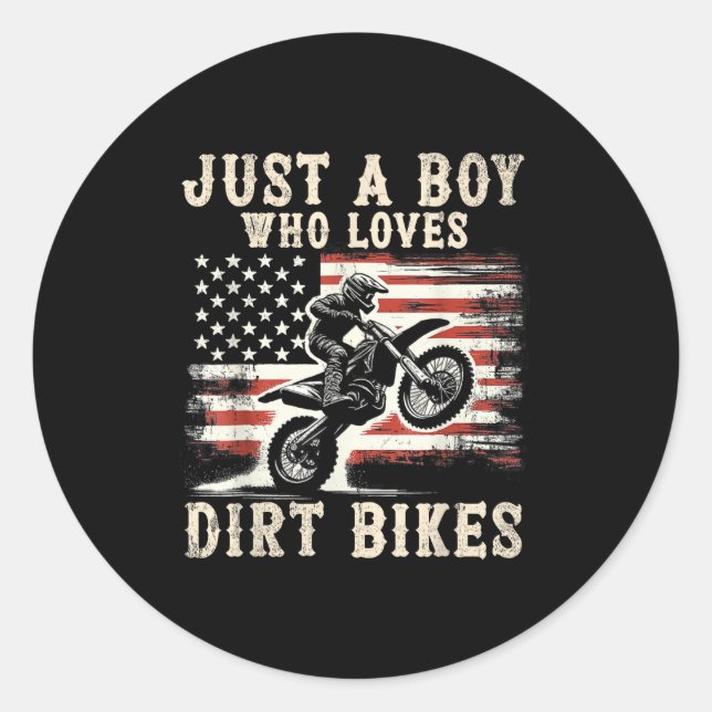 Just A Boy Who Loves Dirt Bikes American Flag Moto Runder Aufkleber (Vorderseite)