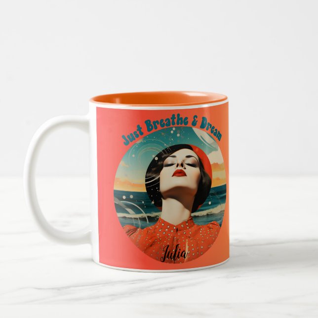 Just Breathe and Dream Retro Orange coffee mug Zweifarbige Tasse (Links)