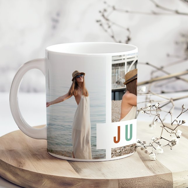 "Just Breathe" Foto Collage Geschenk Kaffeetasse (Just Breathe" Photo Collage Gift Coffee Mug on a boho wooden kitchen table with tiny flowers.)