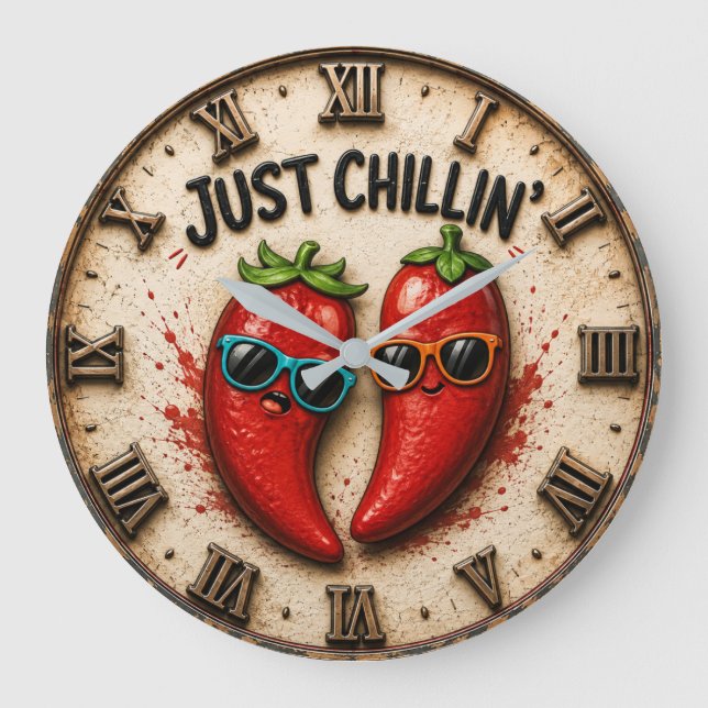Just Chillin' Funny Chili Pepper Kitchen Humor  Große Wanduhr (Vorderseite)
