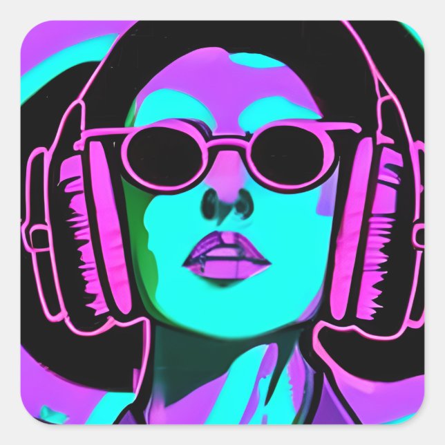 Just Groovin' Music Headphones Psychedelische Lady Quadratischer Aufkleber (Vorderseite)