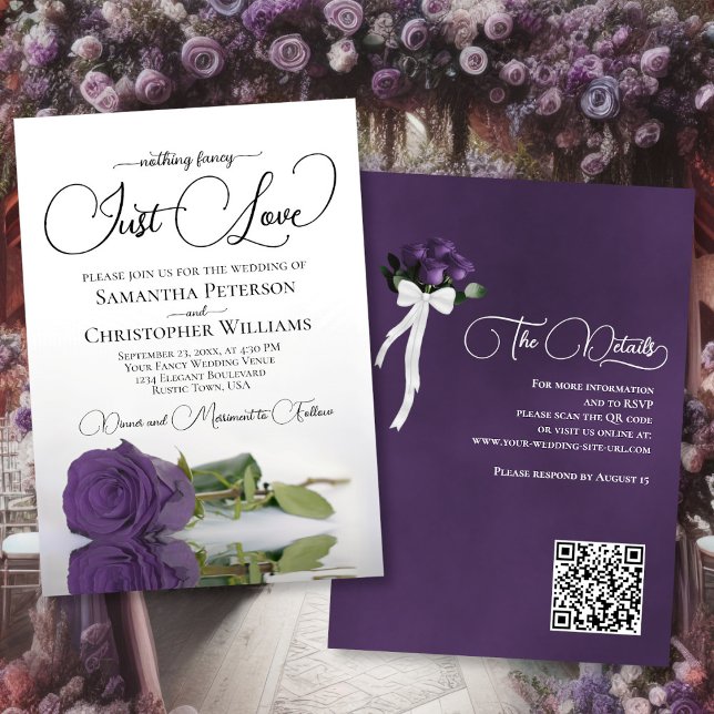 Just Liebe Amethyst Lila Rose QR Code Hochzeit Einladung (Front/Back)