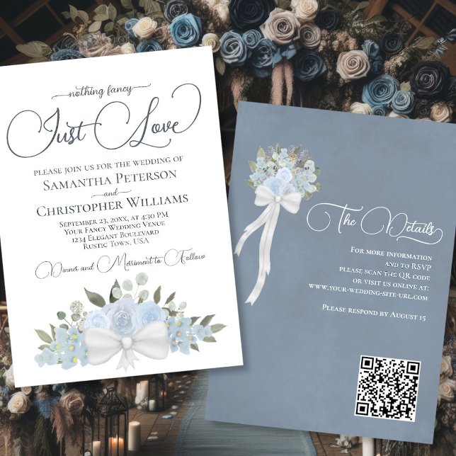 Just Liebe Dusty Blue Boho Floral QR Code Hochzeit Einladung (Front/Back)