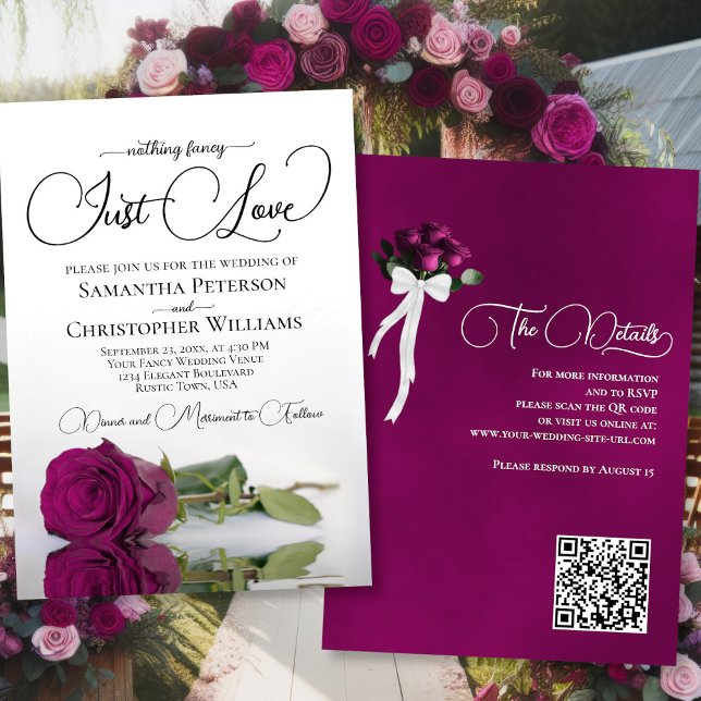 Just Liebe Elegant Magenta Rose QR Code Hochzeit Einladung (Front/Back)