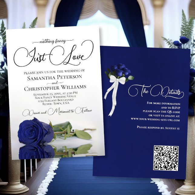 Just Liebe Elegant Navy Blue Rose QR Code Hochzeit Einladung (Front/Back)