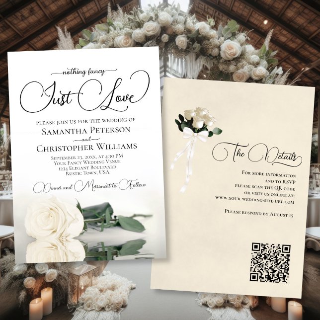 Just Liebe Elegant White Rose QR Code Hochzeit Einladung (Front/Back)