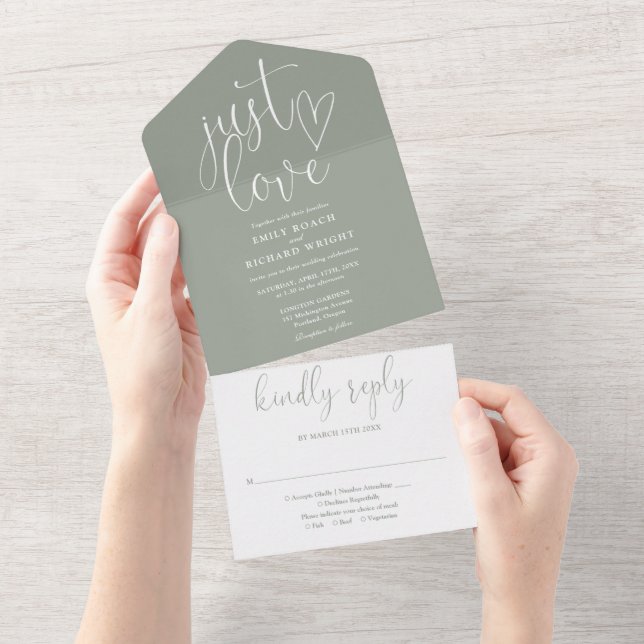 Just Liebe Elegante Script Sage Green Wedding All In One Einladung (Abreißen)