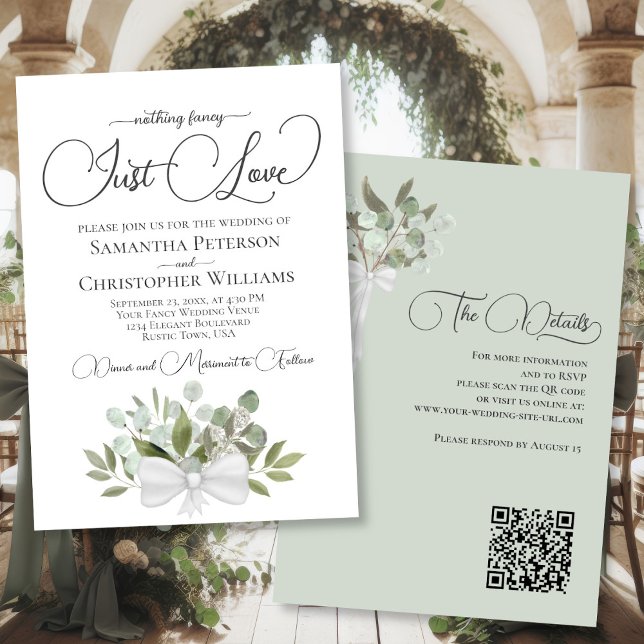 Just Liebe Eucalyptus Bouquet QR Code Wedding Einladung (Front/Back)