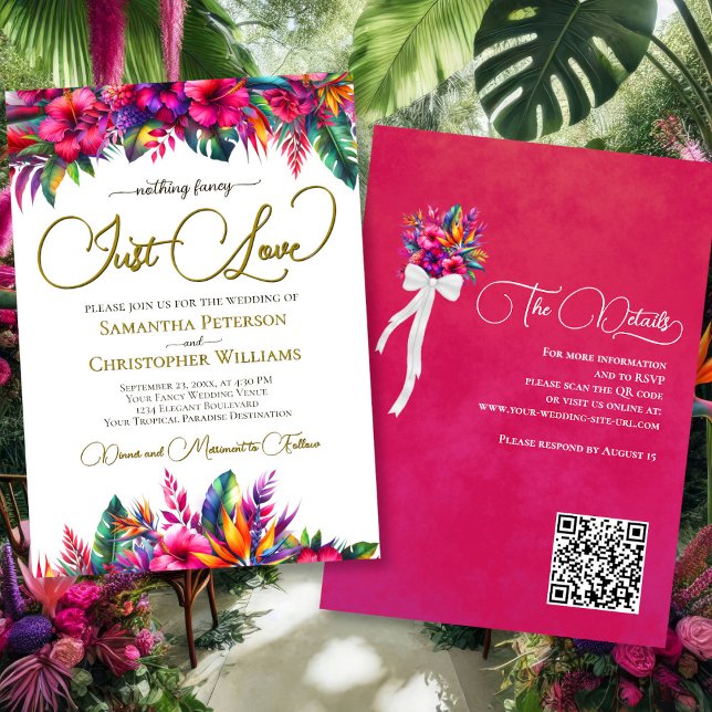 Just Liebe Tropical Garden Floral QR Code Hochzeit Einladung (Front/Back)
