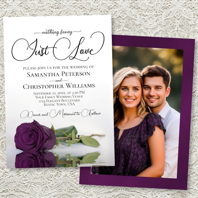 Just Love Plum Purple Rose Photo on Back Wedding Einladung (Front/Back)