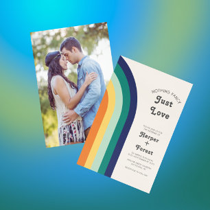Just Love Retro 70s Rainbow Photo Wedding Einladung