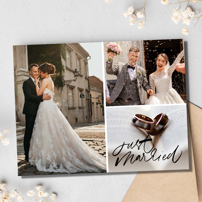 Just Marred 3 Foto Collage Hochzeit Vielen Dank Postkarte (Just Marred 3 Photo Collage Wedding Thank You Postcard)
