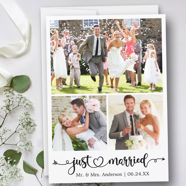Just Married 3 Foto Calligraphy Heart Wedding Ankündigung (Customize to change your personalized text size, text style or to add text to back of card.)
