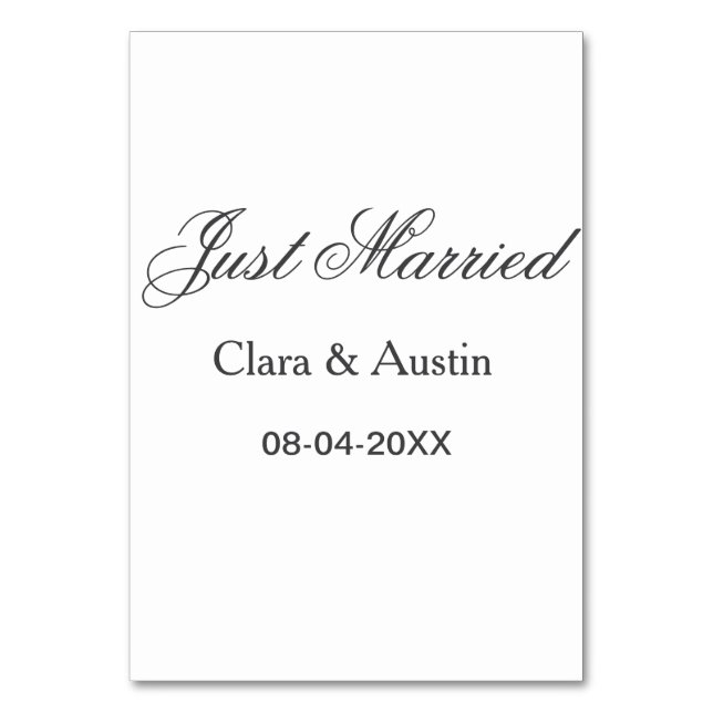 Just Married add couple name date year wedding sim Tischnummer (Vorderseite)