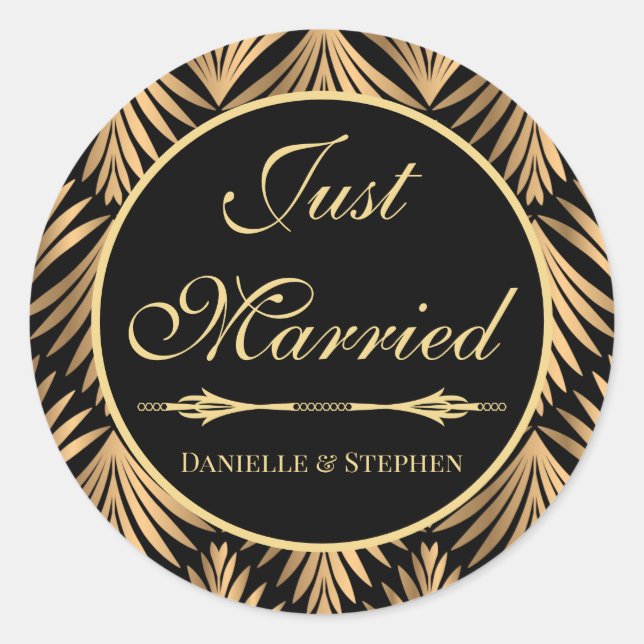 Just Married Black Gold Art Deco Hochzeit Runder Aufkleber (Vorderseite)