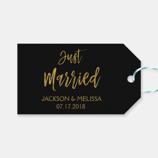 Just Married Black & Gold Foil Polka Dots Geschenkanhänger (Vorderseite (Horizontal))