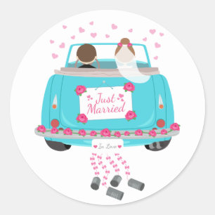 Just Married Blue Pink Bride Groom Hochzeit Runder Aufkleber