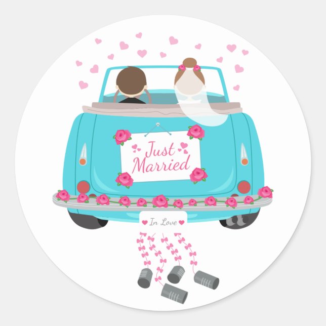 Just Married Blue Pink Bride Groom Hochzeit Runder Aufkleber (Vorderseite)