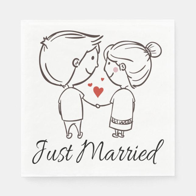 Just Married Bride Groom Cartoon Black Wedding Serviette (Vorderseite)
