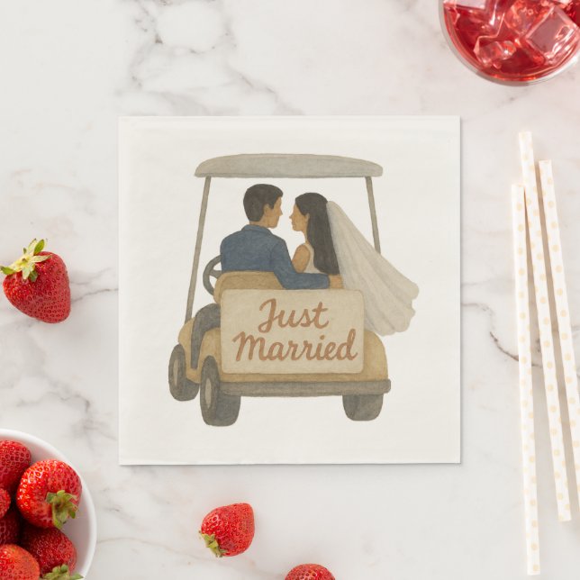 'Just Married' Bridge and Groom in a Golf Cart Serviette (Beispiel)