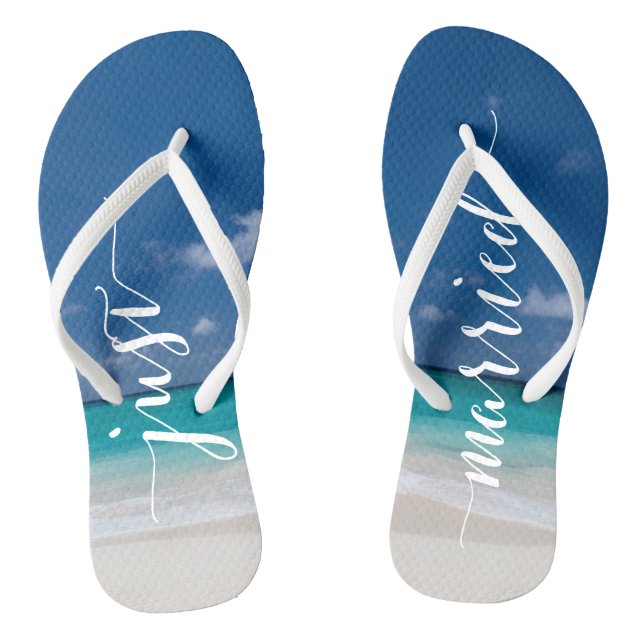 Just Married Calligraphy Beach Wedding Flip Flops (Fußbett)
