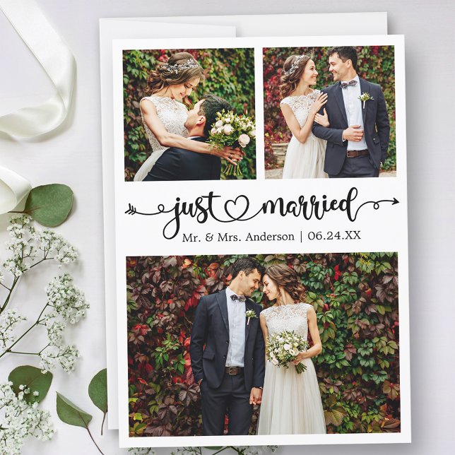 Just Married Calligraphy Herz 3 Fotos Hochzeit Ankündigung (Customize to change your personalized text size, text style or to add text to back of card.)