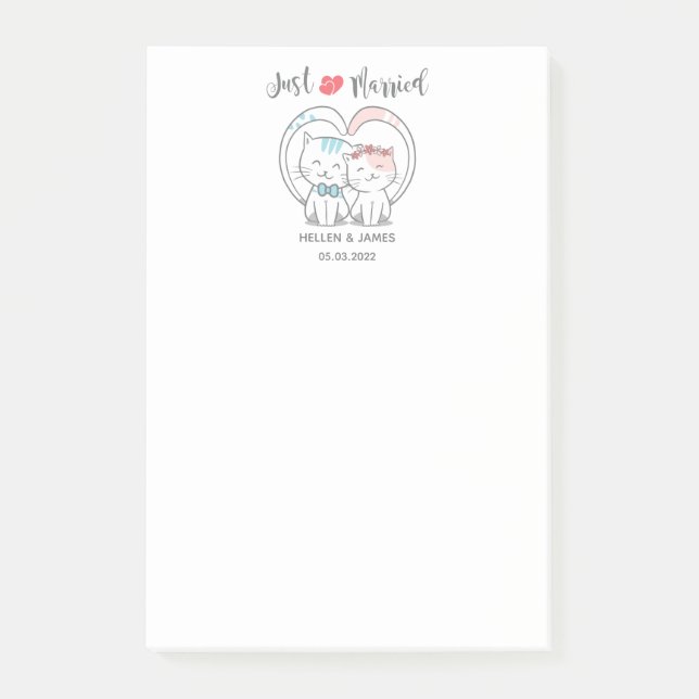 Just Married Cat Wedding Post-it Klebezettel (Vorderseite)